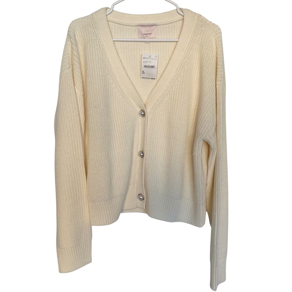 Cinq a Sept Ivory Ribbed Knit Cardigan‎ Pearl Button Wool Blend XL ZK755B3978Z
